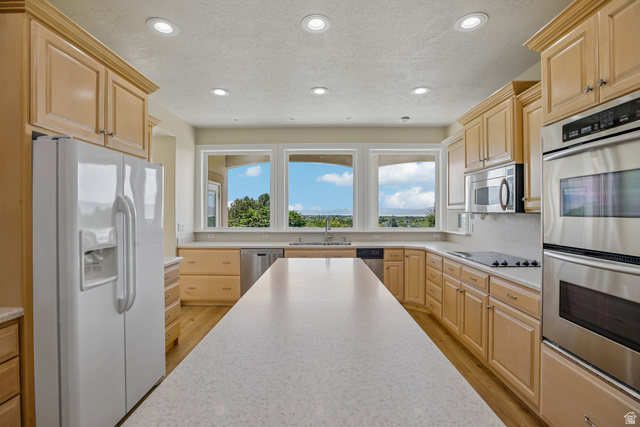 220 East Ridge Road Orem, UT 84057 - Photo 9 of 52 Central island with light-toned countertop, light wood cabinetry, recessed lighting, and stainless steel appliances