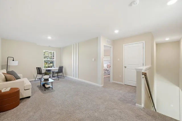 a view of a dining room with furniture