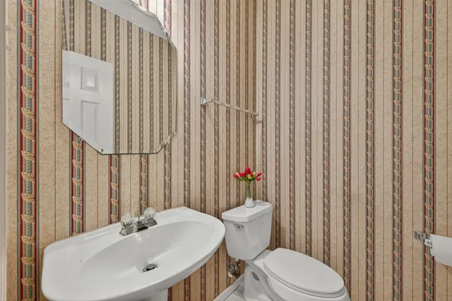 a bathroom with a sink a toilet and shower curtain