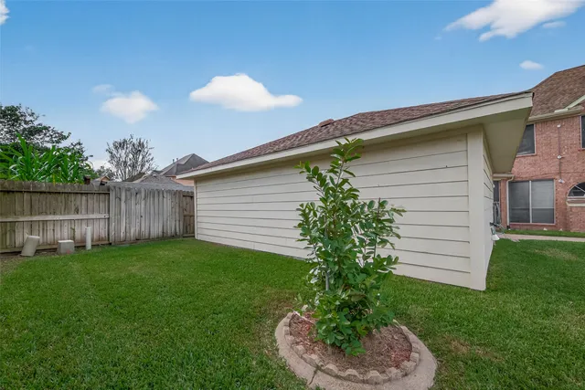a view of a backyard with plants and a fountain