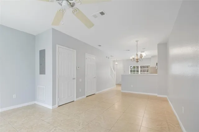 a view of a livingroom with a ceiling fan