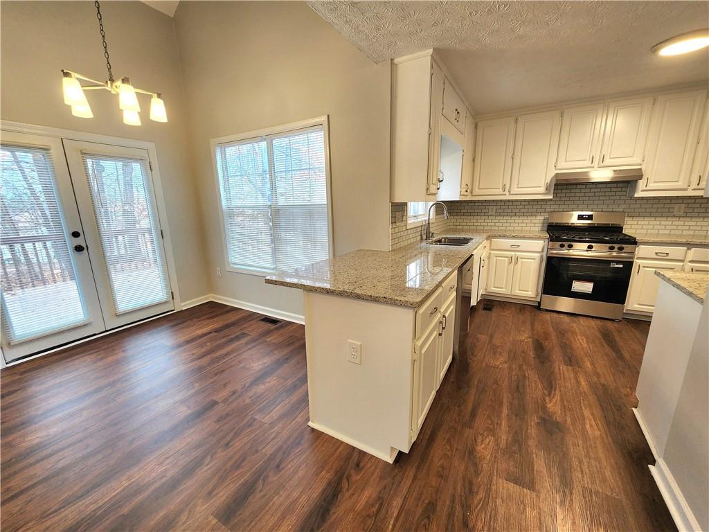 1645 Rushing River Way Suwanee, GA 30024 - Photo 12 of 38 a kitchen with granite countertop wooden floors and white stainless steel appliances
