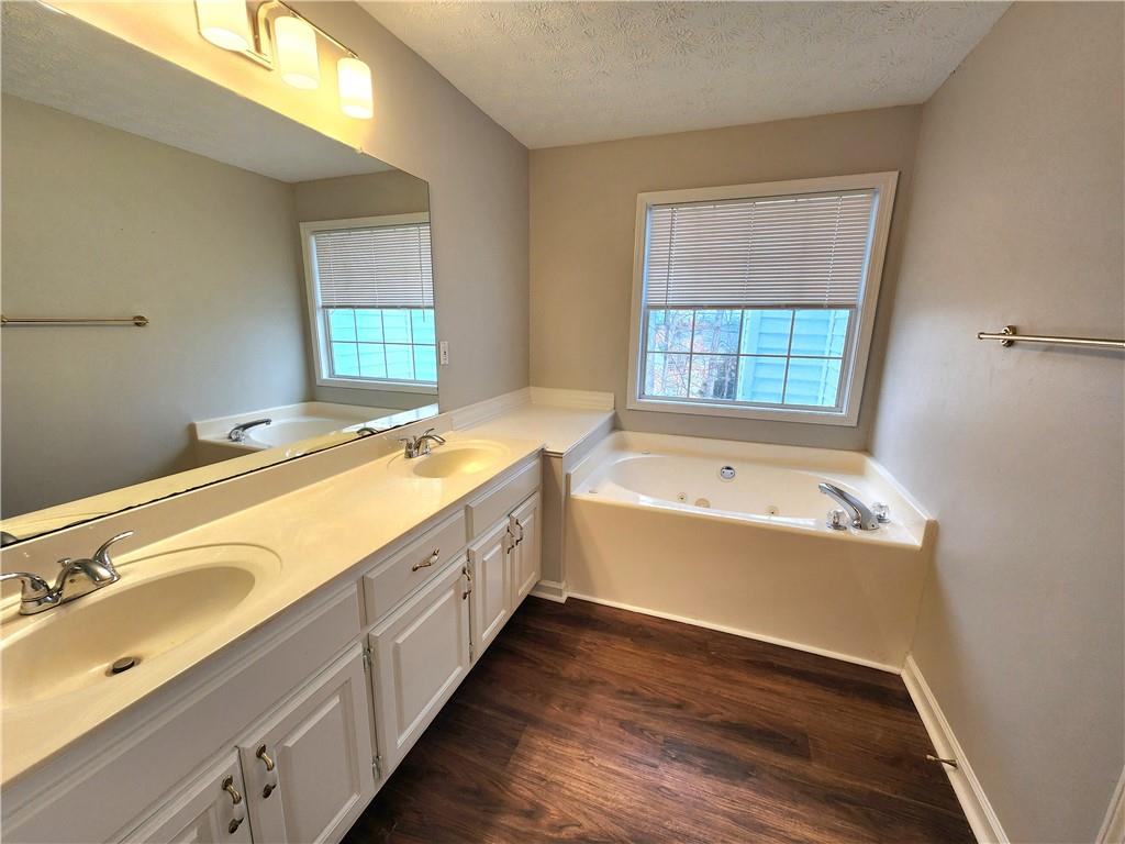1645 Rushing River Way Suwanee, GA 30024 - Photo 25 of 38 a bathroom with a granite countertop tub sink and mirror