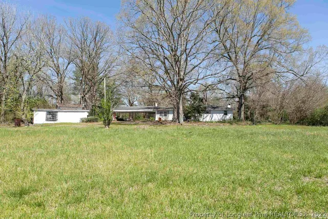a view of a field with trees in the background