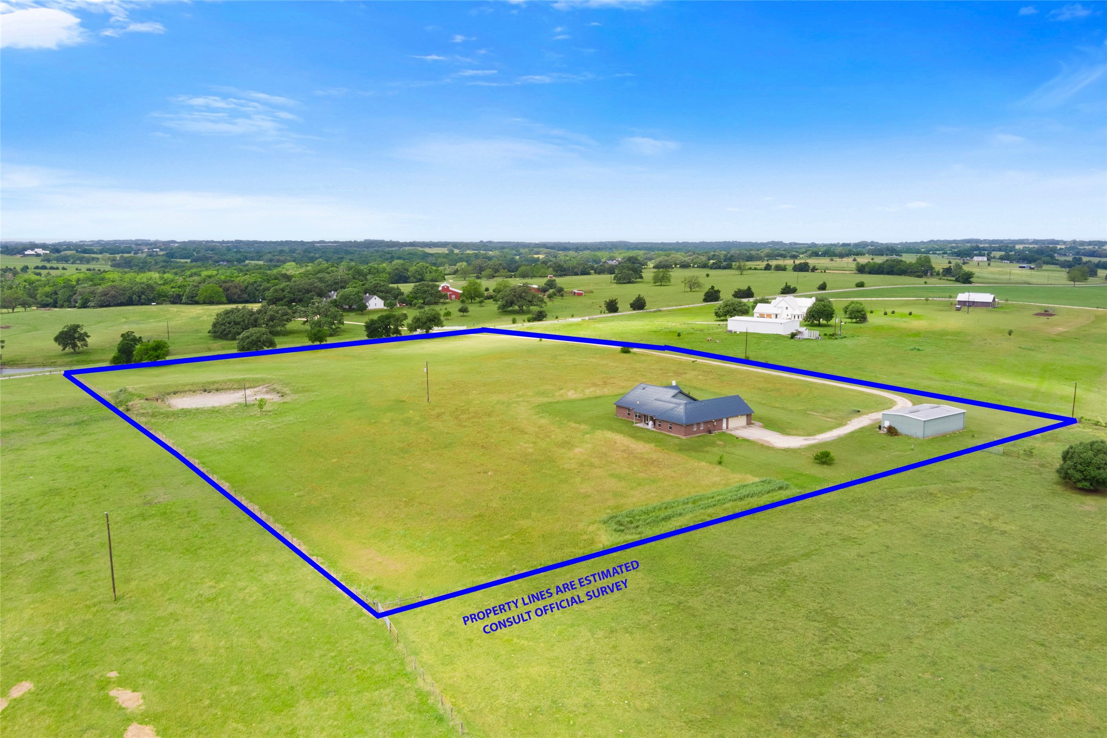 5750 Cedar Hill Road Brenham, TX 77833 - Photo 2 of 46 Offering ultimate privacy, the residence is nestled back on the grounds. The visual representation of the approximate property line underscores this secluded setting.
