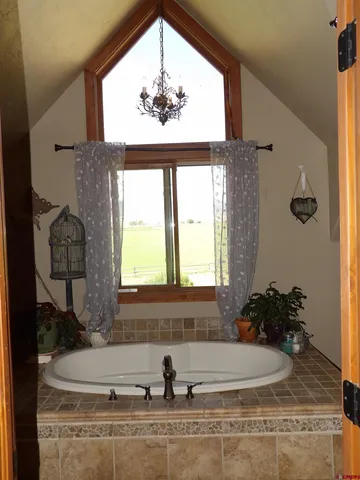 a bathroom with a tub and window