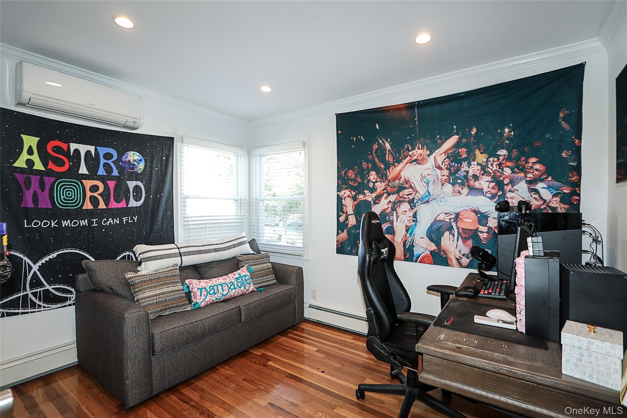 132 Bethel Road Albertson, NY 11507 - Photo 16 of 28 Office space featuring crown molding, wood finished floors, a baseboard heating unit, a wall mounted AC, and recessed lighting
