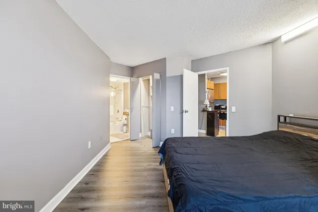a view of a bedroom with closet and windows