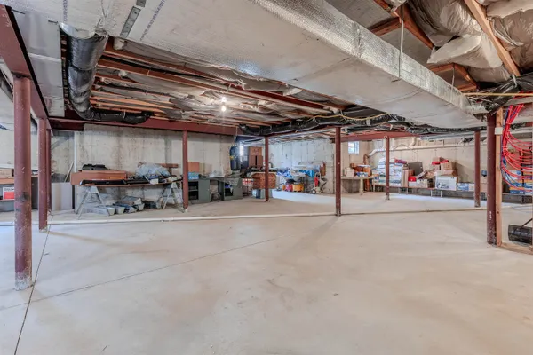 a view of a garage with storage