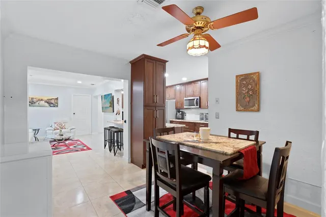 a view of a dining room with furniture