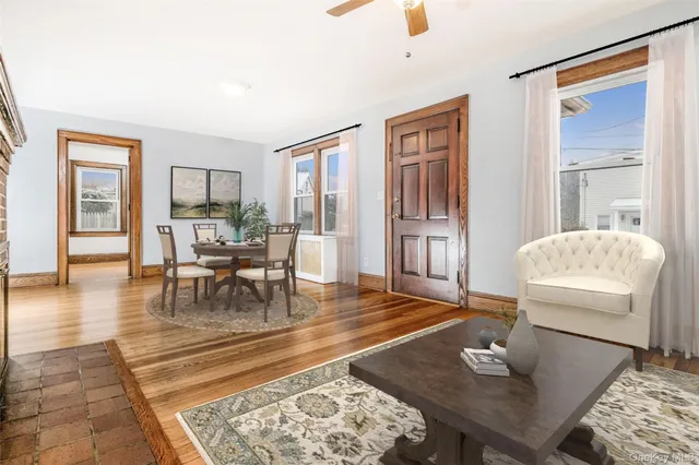 a living room with furniture and a table