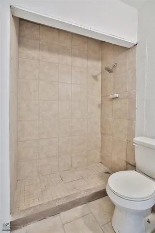 a bathroom with a toilet and a shower