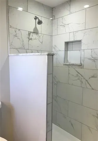 a bathroom with a shower and a glass door shower