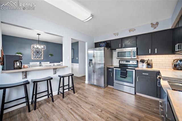 1921 Wooten Road Colorado Springs, CO 80915 - Photo 29 of 49 Kitchen with dark cabinetry, stainless steel appliances, tasteful backsplash, a kitchen breakfast bar, and light wood-type flooring