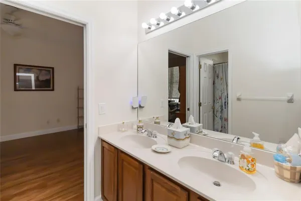 a bathroom with a sink vanity and a mirror