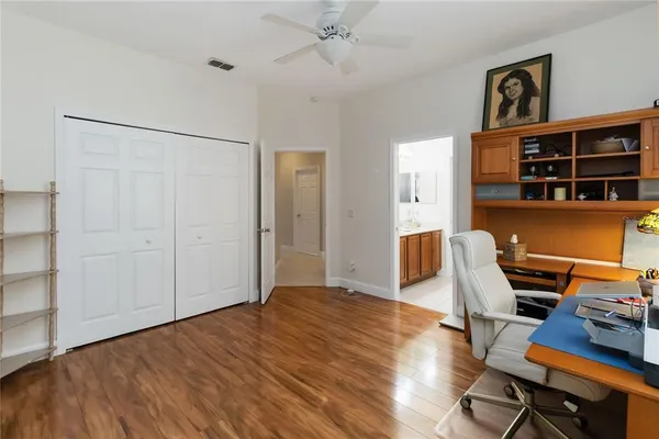 a workspace with a bookshelf