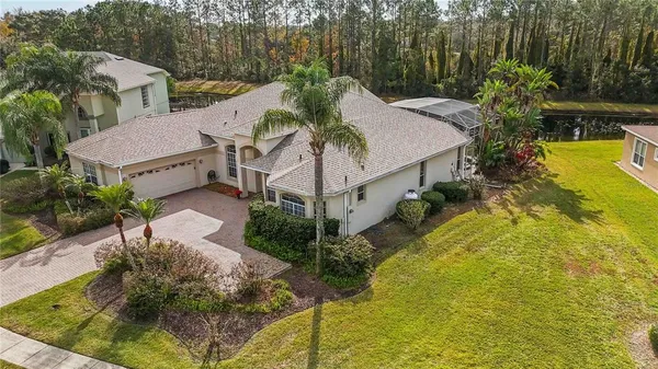 a view of a white house with a yard potted plants and large tree