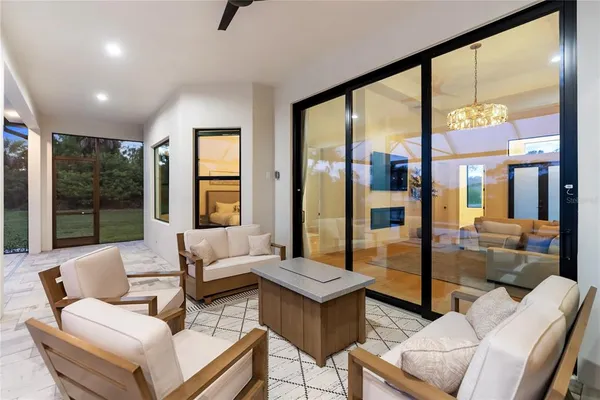 a living room with furniture and a floor to ceiling window