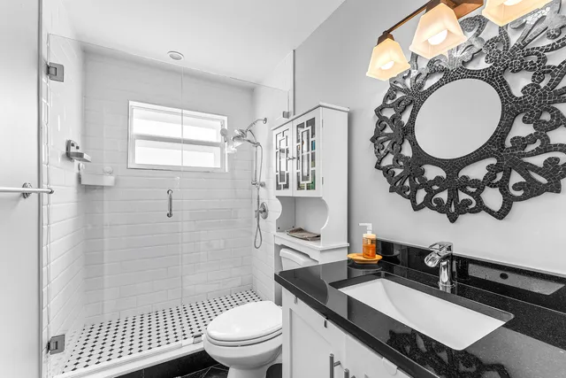 a bathroom with a sink toilet mirror vanity and shower