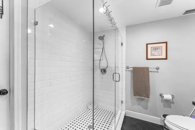 a bathroom with a shower and a toilet