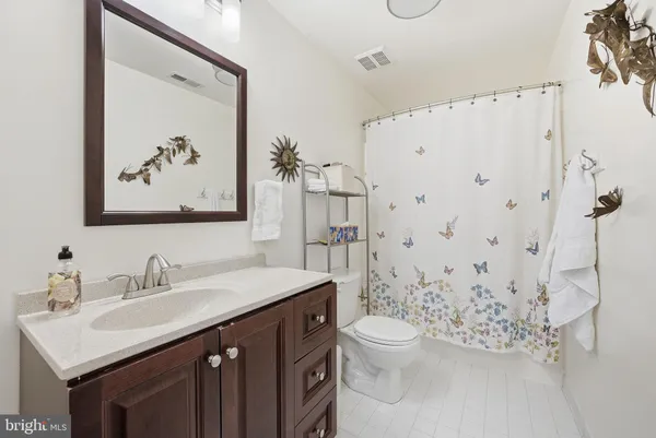 a bathroom with a sink vanity mirror and toilet