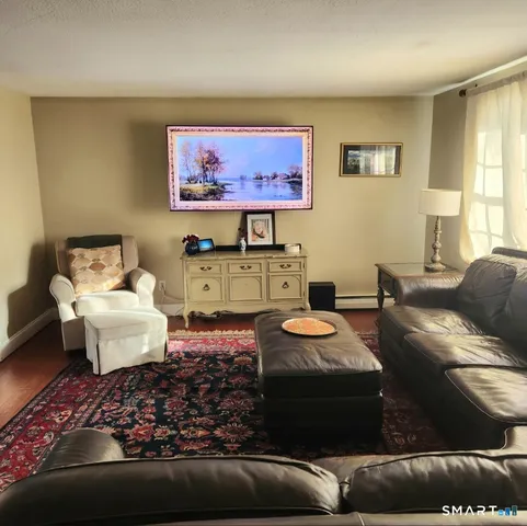 a living room with furniture and a rug