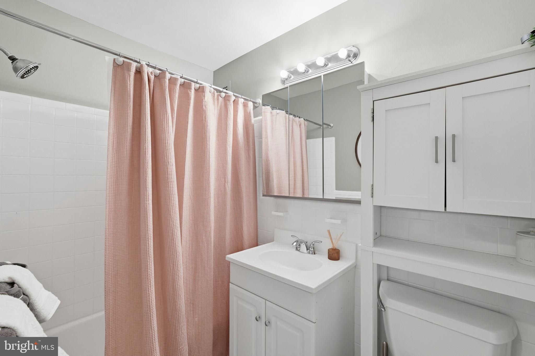 1300 South Arlington Ridge Road, Unit 204 Arlington, VA 22202 - Photo 15 of 35 a bathroom with a sink a mirror and a shower curtain