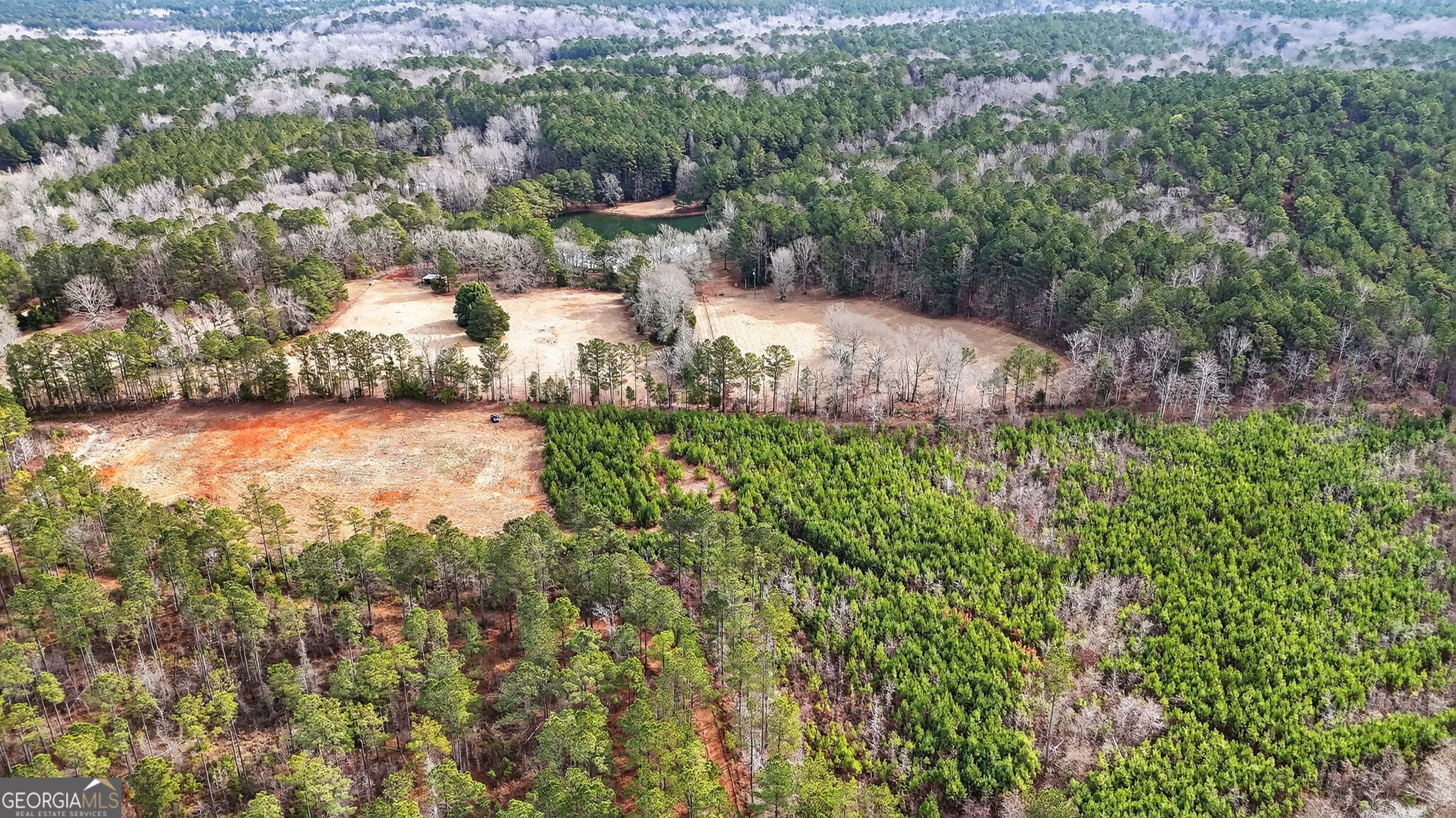 57.4-acres County Line Church Road Warm Springs, GA 31830 - Photo 24 of 35 an aerial view of a house with a yard and lake view