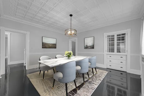 a view of a dining room with furniture