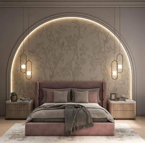 a bedroom with a bed and a mirror