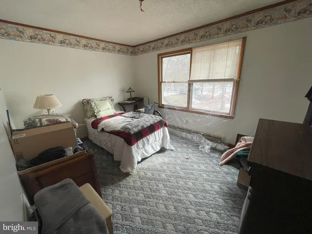 a bedroom with a bed and two window