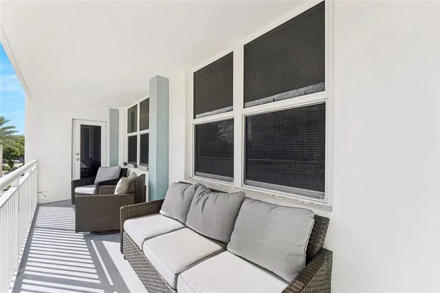 a view of a building from a balcony