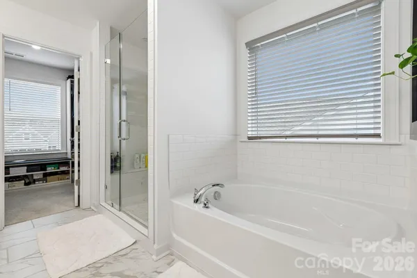 a bathroom with a bathtub and a shower