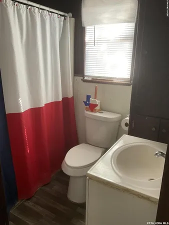 a bathroom with a sink a toilet and a window