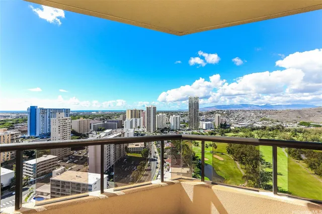 a view of a balcony with city view