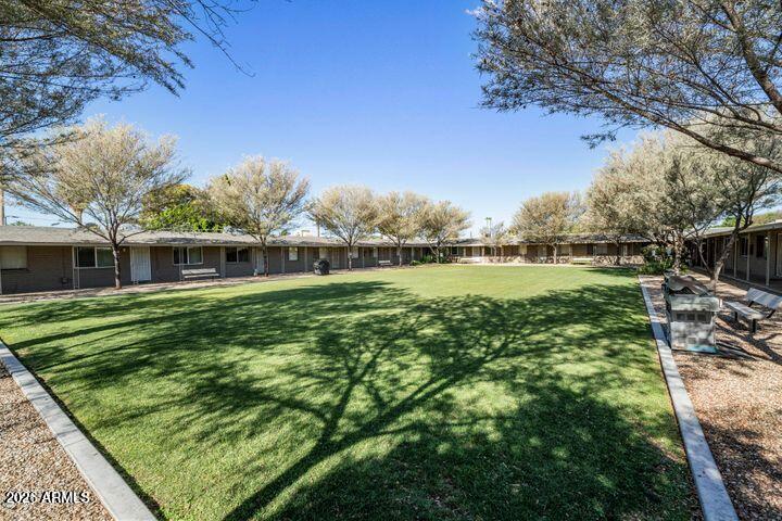 6819 North 12th Street, Unit 2 Phoenix, AZ 85014 - Photo 11 of 17 a backyard of a house with lots of green space and fountain