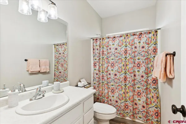 a bathroom with a sink a toilet and shower curtain