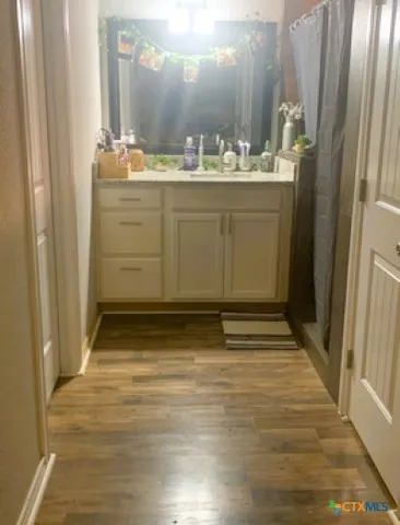 a bathroom with a sink and a mirror