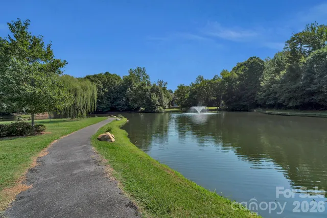 a view of a lake with a garden and trees