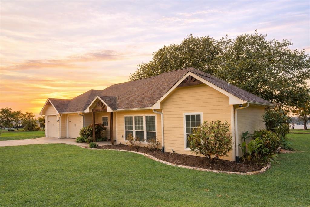 a view of a yard in front of a house with plants and large tree
