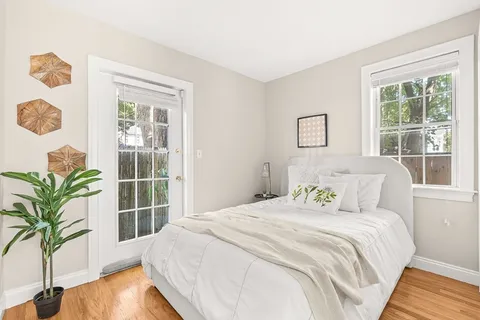 a bedroom with a large bed and a potted plant