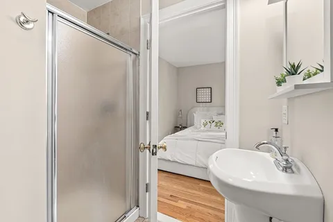 a bathroom with a sink a mirror and a shower