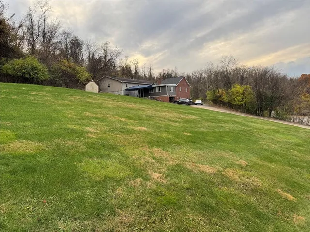 a view of a green field with trees in the background
