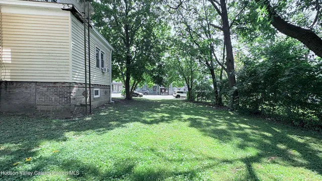 a view of a tree in a backyard of a house