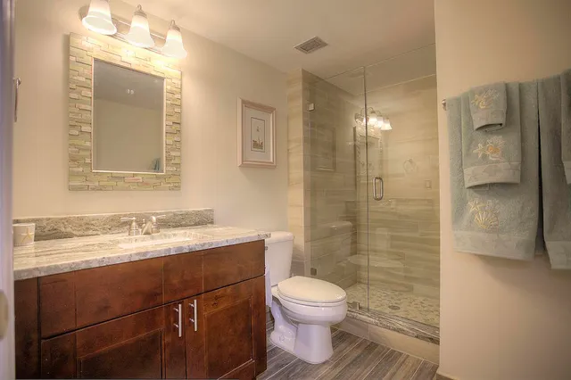 a bathroom with a sink a toilet and shower