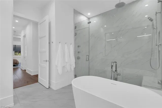 a bathroom with a bathtub and a shower