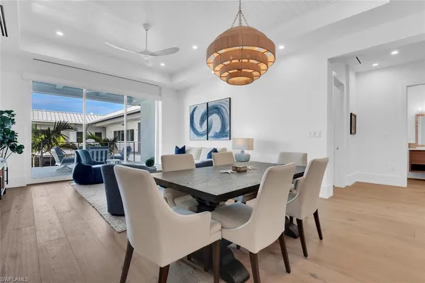 a view of a dining room with furniture wooden floor and chandelier