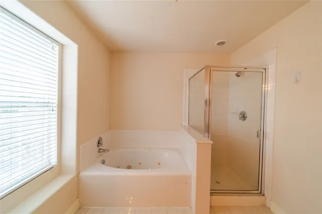 a bathroom with a bathtub and a shower