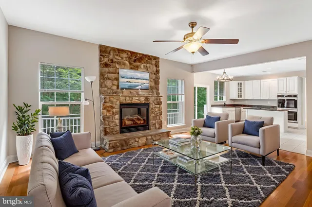 a living room with furniture a fireplace and a chandelier