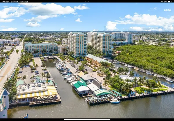 a view of a city with lawn chairs